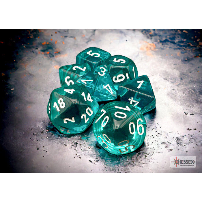 Translucent Teal/white Polyhedral 7-Dice Set