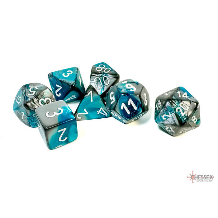Gemini Steel-Teal/white Polyhedral 7-Dice Set